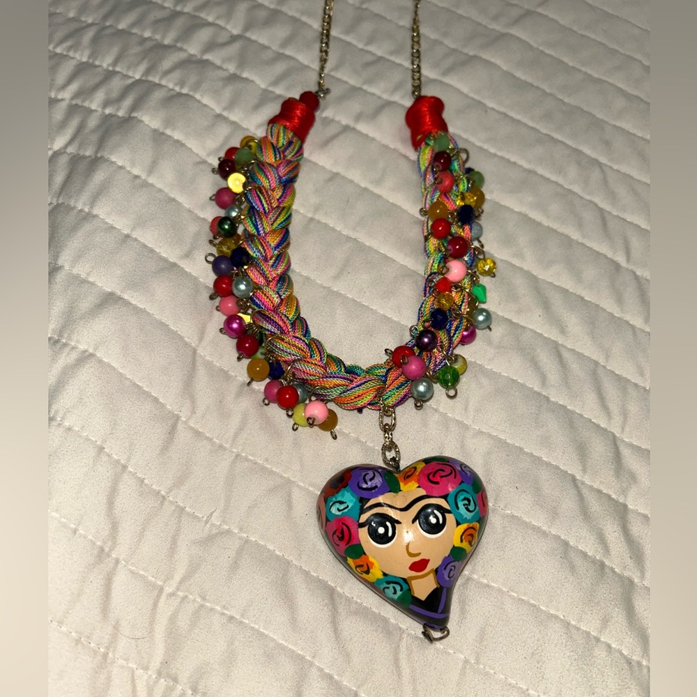 Frida Kahlo Heart Necklace  - Ceramic Heart on a Braided necklace